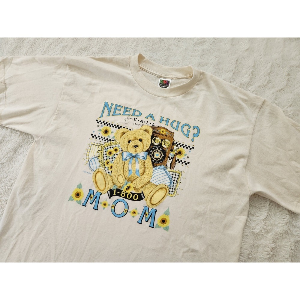 Vintage Fruit of the Loom Best T-Shirt XL 1-800-MOM Teddy Bear Sunflowers Cream